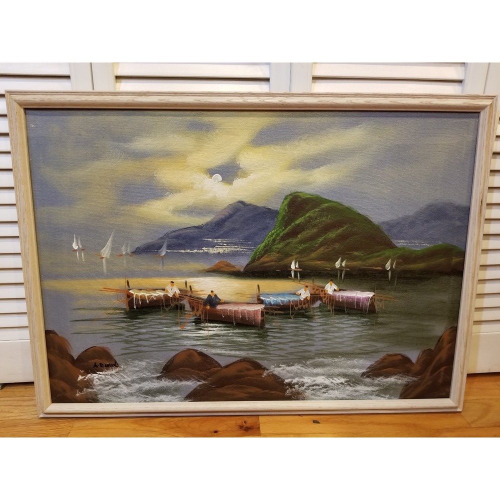 Vintage Original Signed Oil Painting Fishing Boats- Fishermen 28.25"x 20.5